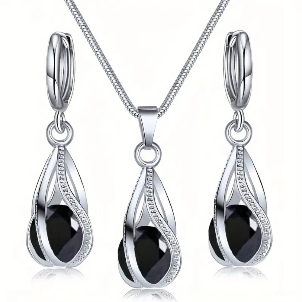 3pcs Black Zircon Jewelry Set, Earrings Plus Necklace